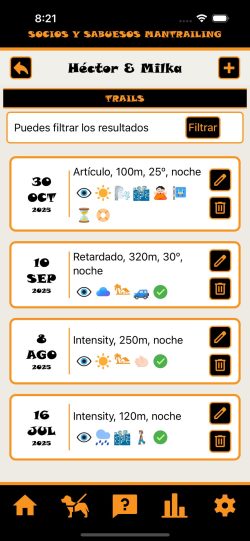 Resumen de entrenos en SYS Mantrailing App