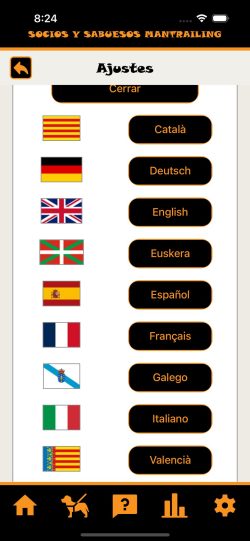 Idiomas disponibles en SYS Mantrailing App